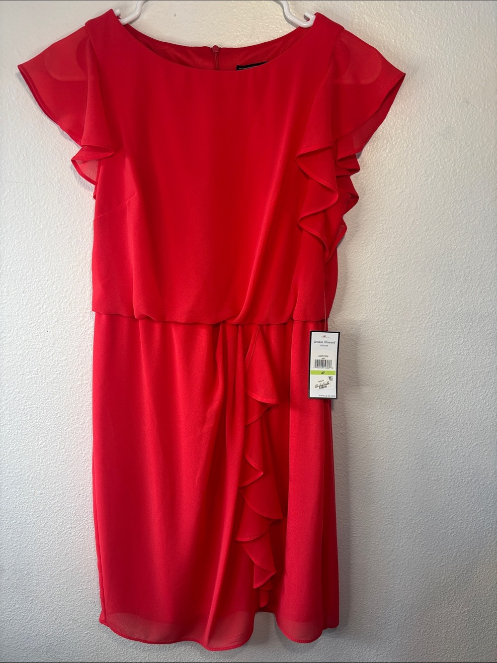 Jessica Howard Coral-Red Ruffle Sleeve Mini Dress